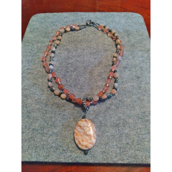 Beaded Necklace Orange Stone Pendant Two‎ Strand Jewelry - Picture 1 of 3